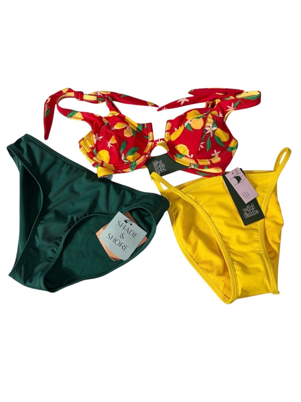 Wild fable Red Lemon-Print Underwire Bikini Top with Green & Yellow Bottoms NEW